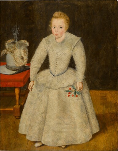 View full screen - View 1 of Lot 418. Portrait of a boy, probably of the Filmer Family, in his robes of infancy holding a sprig of cherries.