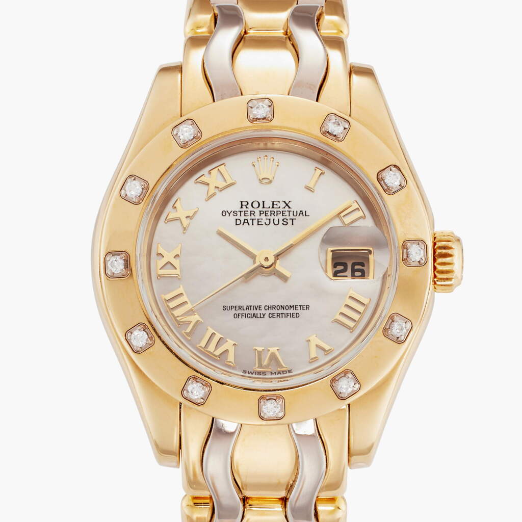 View full screen - View 1 of Lot 359. Reference 80318 Datejust Pearlmaster | A yellow and white gold and diamond-set automatic wristwatch with mother-of-pearl dial, date, and bracelet, Circa 2000.