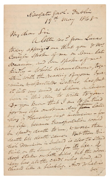 View full screen - View 1 of Lot 99. John Mitchel | Autograph letter signed, to Thomas Carlyle, on Irish independence, 19 May 1848.