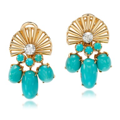 View full screen - View 1 of Lot 85. Pair of turquoise and diamond ear clips, circa 1945.