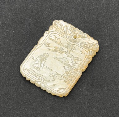 View full screen - View 1 of Lot 577. AN INSCRIBED CELADON JADE PLAQUE QING DYNASTY | 清 青白玉松下高仕詩句牌飾.
