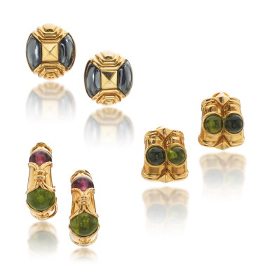 View full screen - View 1 of Lot 859. Three Pairs of Gold and Gem-Set Earclips.