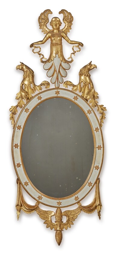 View full screen - View 1 of Lot 127.  AN ITALIAN EMPIRE WHITE-PAINTED AND GILTWOOD MIRROR, 19TH CENTURY.