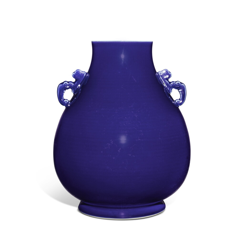 View full screen - View 1 of Lot 740. A large and rare blue-glazed handled vase, Seal mark and period of Qianlong | 清乾隆 藍釉鹿頭尊 《大清乾隆年製》款.