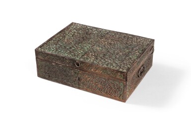 View full screen - View 1 of Lot 50. An iron green lacquered metal casket, 17th century, probably German | Coffre en fer découpé et métal laqué vert du XVIIème siècle, travail probablement allemand.