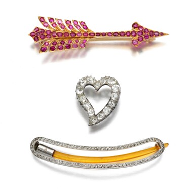 View full screen - View 1 of Lot 28. Three brooches, late 19th to early 20th century.