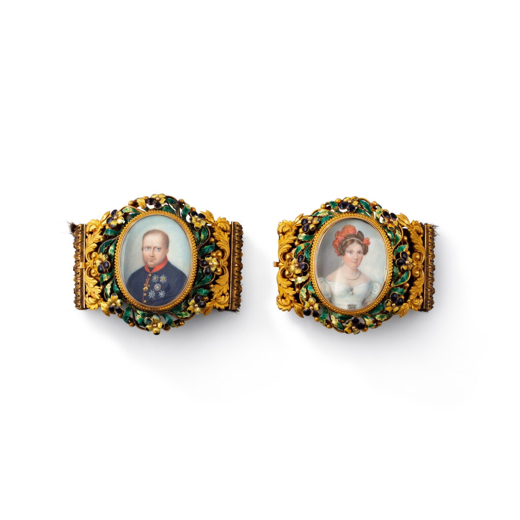 View full screen - View 1 of Lot 570. A pair of bronze bracelets with ivory miniatures of Francis I, King of two Siciles and Maria Isabella of Spain, Jean-Baptiste-Joseph Duchesne (1770-1856), 19th century | Paire de bracelets en bronze avec miniatures sur ivoire de François Ier, roi des deux Siciles et de Marie Isabelle d'Espagne, Jean-Baptiste-Joseph Duchesne (1770-1856), XIXe siècle.