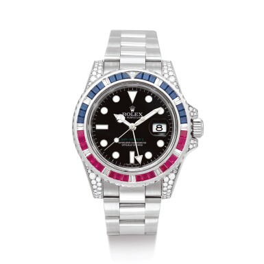 View full screen - View 1 of Lot 2120. ROLEX | GMT-MASTER II, REFERENCE 116759 SARU A WHITE GOLD DIAMOND, SAPPHIRE AND RUBY-SET DUAL TIME ZONE WRISTWATCH WITH DATE AND BRACELET, CIRCA 2009" | 勞力士 | GMT-Master II 型號116759 SARU 白金鑲鑽石、藍寶石及紅寶石兩地時間鏈帶腕錶,備日期顯示,錶殼編號V743389,約2009年製".