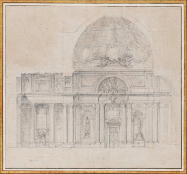 Voir en plein écran - Voir 1 du lot 47. An elaborate design for a wall elevation, including a door and a window, two niches with sculptures and half a dome with two different choices of decoration.