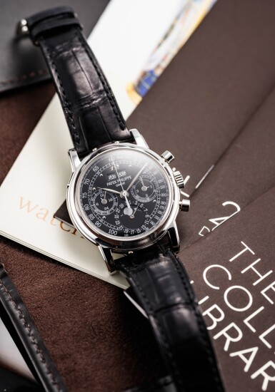 View full screen - View 1 of Lot 180. Reference 3970EP-046 'London Edition' | A limited edition platinum perpetual calendar chronograph wristwatch with moon phases, Circa 2015 |百達翡麗 3970EP-046 型號 'London Edition' | 限量版鉑金萬年曆計時腕錶備月相顯示,約2015年製.
