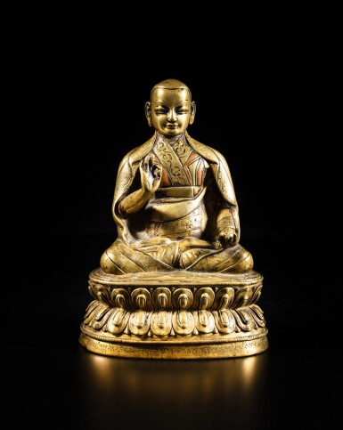 View full screen - View 1 of Lot 3. An inscribed silver and copper-inlaid copper-alloy figure of Sakya Lama, Tibet, 15th / 16th century | 十五 / 十六世紀 藏傳銅錯銀薩迦派喇嘛坐像.