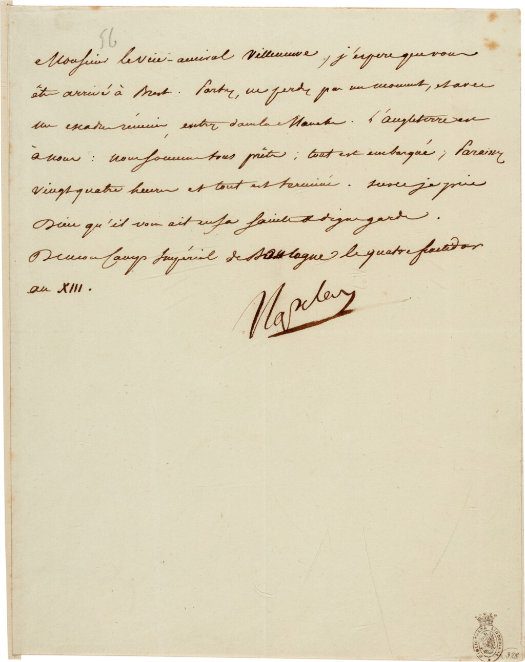 View full screen - View 1 of Lot 80. Napoleon I | letter signed, to Admiral Villeneuve, ordering the invasion of England, 22 August 1805.