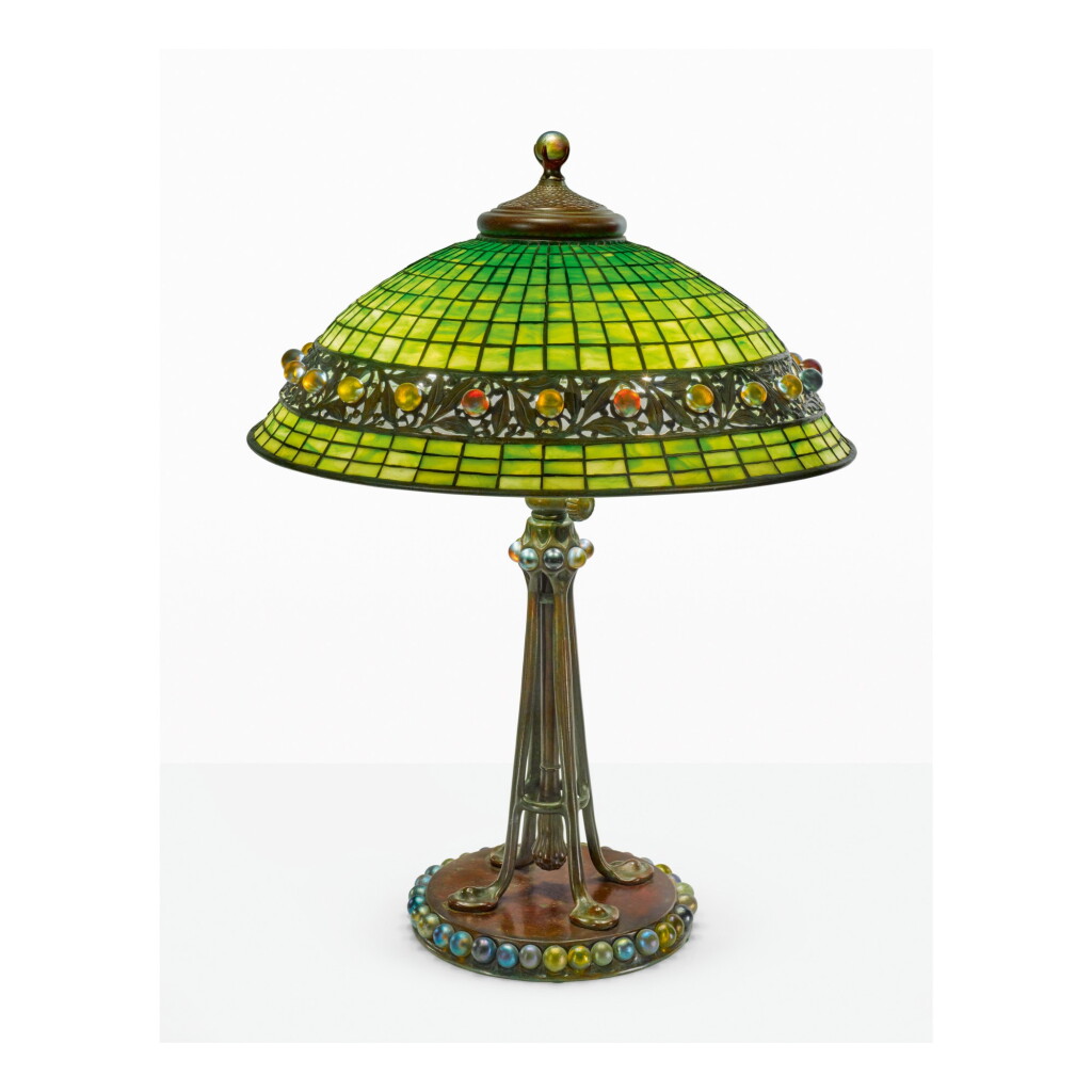 View full screen - View 1 of Lot 15. TIFFANY STUDIOS | "JEWELED GEOMETRIC" TABLE LAMP.