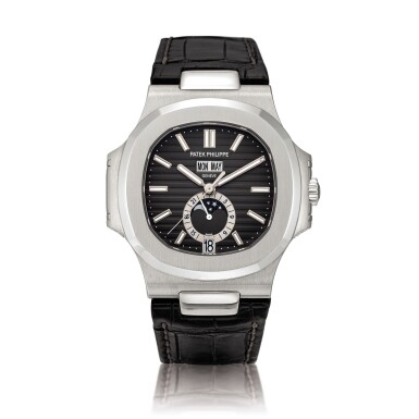 View full screen - View 1 of Lot 2105. Patek Philippe | Nautilus, Reference 5726, A stainless steel annual calendar wristwatch with moon phases and 24 hours indication, Circa 2010 | 百達翡麗 | Nautilus 型號5726 精鋼年曆腕錶,備月相及24小時顯示,約2010年製.