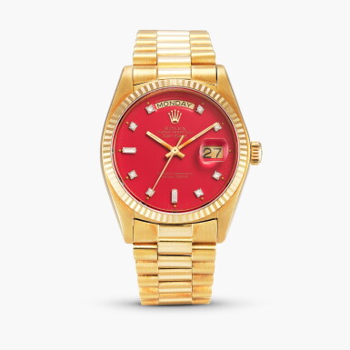 View full screen - View 1 of Lot 2334. Day-Date "Red Stella", Reference 18038 | A yellow gold and diamond-set wristwatch with day, date, Stella dial and bracelet, Circa 1978.