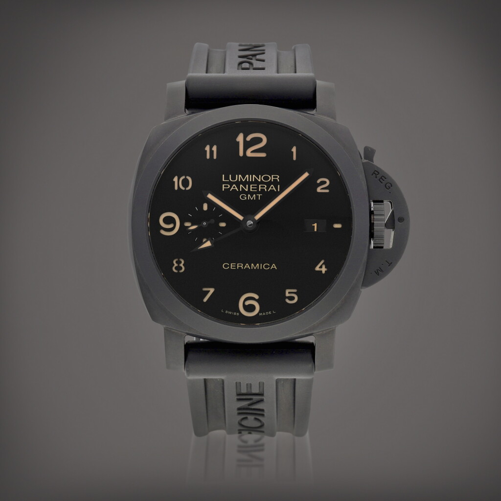 View full screen - View 1 of Lot 8857. Luminor 1950 GMT, Reference PAM00441 | A black ceramic dual time zone wristwatch with date, power reserve indication and seconds reset mechanism, Circa 2013 | 沛納海 | Luminor 1950 GMT型號PAM00441 | 黑色陶瓷兩地時間腕錶,備日期、動力儲備顯示及歸零裝置,約2013年製.