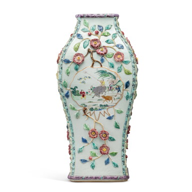View full screen - View 1 of Lot 233. A Rare Chinese Export Famille-Rose Relief-Molded and Applied-Decorated 'Figural' Square-Section Baluster Vase, Qing Dynasty, 18th Century | 清十八世紀 粉彩浮雕貼花卉紋山水人物圖方瓶.