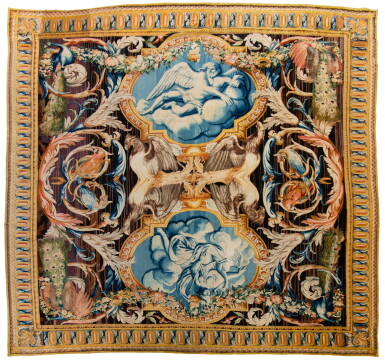View full screen - View 1 of Lot 20. A Royal Louis XIV Savonnerie Carpet Designed for the Grande Galerie, Palais du Louvre, from the Chaillot Workshop of the Lourdet Family, according to a scheme by Charles Le Brun (1619-1690) and/or Louis Le Vau (1612-1670, Premier Architect du Roi 1654), after a design by François I Francart (1622-1672) and Beaudrin Yvart Le Père (1611-1690), and delivered 10 June 1678.
