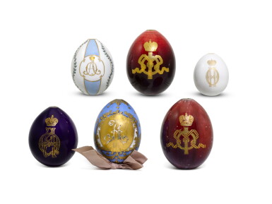 View full screen - View 1 of Lot 204. SIX PORCELAIN EASTER EGGS, IMPERIAL PORCELAIN FACTORY, ST PETERSBURG, 19TH/EARLY 20TH CENTURY.