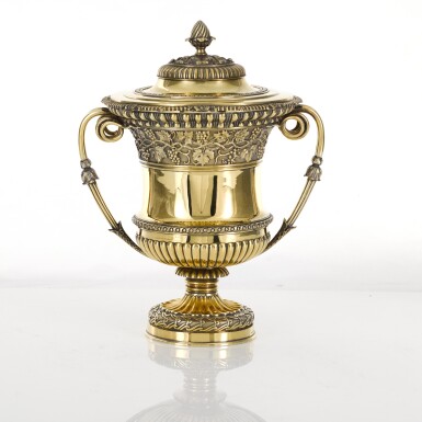 View full screen - View 1 of Lot 105. A VICTORIAN SILVER-GILT TWO-HANDLED CUP AND COVER, HANCOCKS & CO., LONDON, 1881.