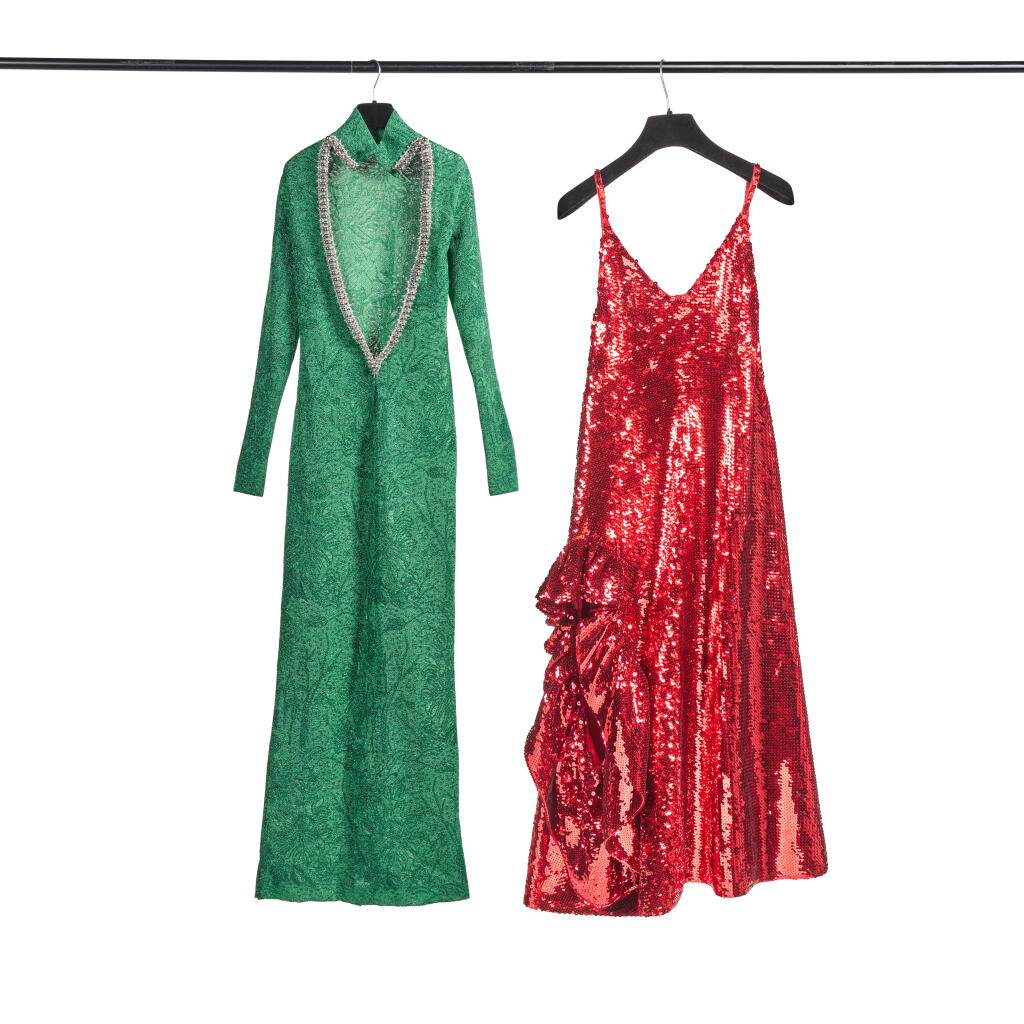 View full screen - View 1 of Lot 26. Givenchy Green Floral Jacquard Long Sleeve Gown and a Loewe Red Sequin Long-Strap Open Slit Dress.