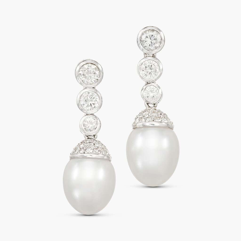 View full screen - View 1 of Lot 1421. Pair Cultured Pearl and Diamond Pendent Earrings | 養殖珍珠 配 鑽石 耳墜一對.