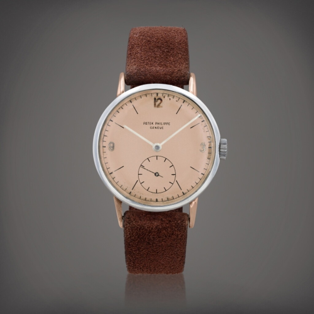 View full screen - View 1 of Lot 386. 'Oversized Calatrava', reference 1513/1 Montre bracelet en acier et or rose avec cadran saumon | Stainless steel and pink gold wristwatch with salmon dial Faite en 1949 | Made in 1949.
