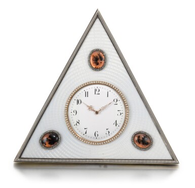 View full screen - View 1 of Lot 25. A Fabergé jewelled silver, agate and guilloché enamel desk clock, workmaster Michael Perchin, St Petersburg, circa 1902.