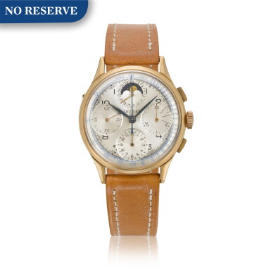 View full screen - View 1 of Lot 88. Pink Gold Chronograph Wristwatch With Date And Moon-Phases Circa 1950.