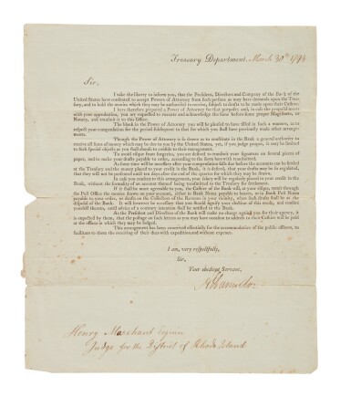 View full screen - View 1 of Lot 30. Hamilton, Alexander | The Bank of the United States makes special accomodation to ensure the compensation of public officers.