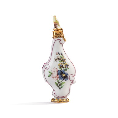 View full screen - View 1 of Lot 606. A St James’s (Charles Gouyn’s factory) porcelain scent bottle and stopper, circa 1755, with gold mounts.