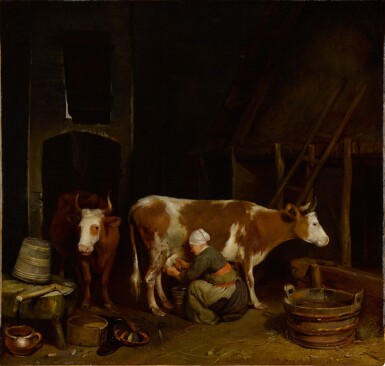 View full screen - View 1 of Lot 322. A barn interior with a maid milking cows.