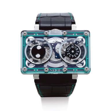 View full screen - View 1 of Lot 2301. MB&F | HOROLOGICAL MACHINE N°2, REFERENCE 20.DSTBL.B A LIMITED EDITION PVD-COATED TITANIUM AND SAPPHIRE CRYSTAL SEMI-SKELETONISED JUMPING HOUR WRISTWATCH WITH RETROGRADE DATE AND MOON PHASES, CIRCA 2015 | "Horological Machine N°2 型號20.DSTBL.B 限量版PVD塗層鈦金屬及藍寶石面半鏤空跳時腕錶,備逆跳日期及月相顯示,錶殼編號A140212,約2015年製".