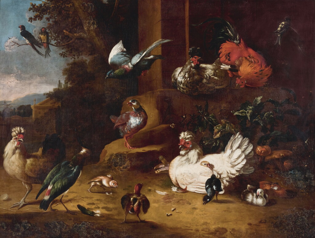 View full screen - View 1 of Lot 143. STUDIO OF MELCHIOR DE HONDECOETER | Poultry and a lapwing in a garden landscape, with a pigeon in flight and two birds of prey in the distance.