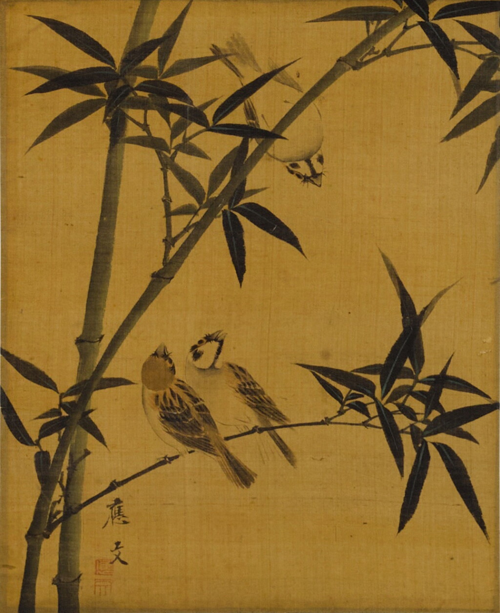 View full screen - View 1 of Lot 178. Anonymous, Sparrows on bamboo, Japan | 日本(款)應文《翠竹麻雀圖》設色絹本 立軸.