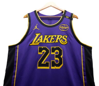 View full screen - View 1 of Lot 5. LeBron James Los Angeles Lakers 2024-2025 Emirates NBA Cup Game Worn Statement Edition Jersey | Double-Double.