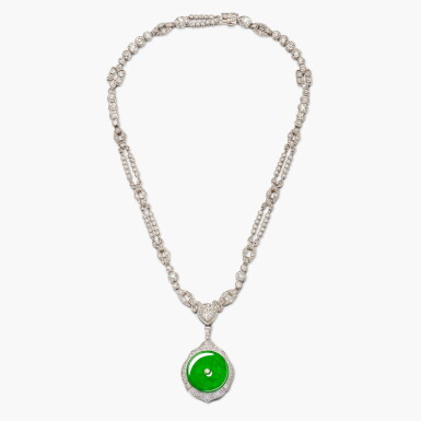 View full screen - View 1 of Lot 1358. Jadeite 'Huaigu' and Diamond Pendant Necklace | 天然翡翠「懷古」配 鑽石 掛墜項鏈.