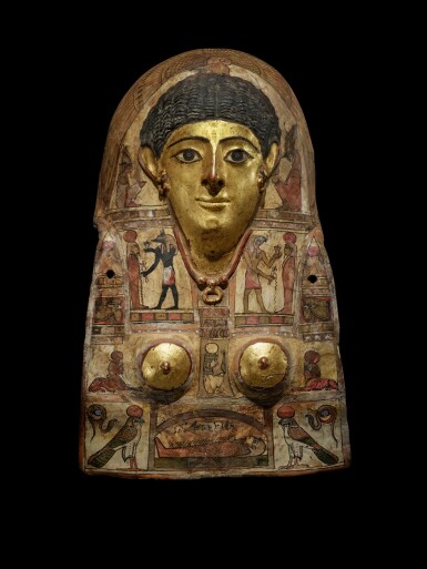 View full screen - View 1 of Lot 13. An Egyptian Polychrome and Gilt Cartonnage Mask of a Woman, Roman Period, circa 1st Century A.D..