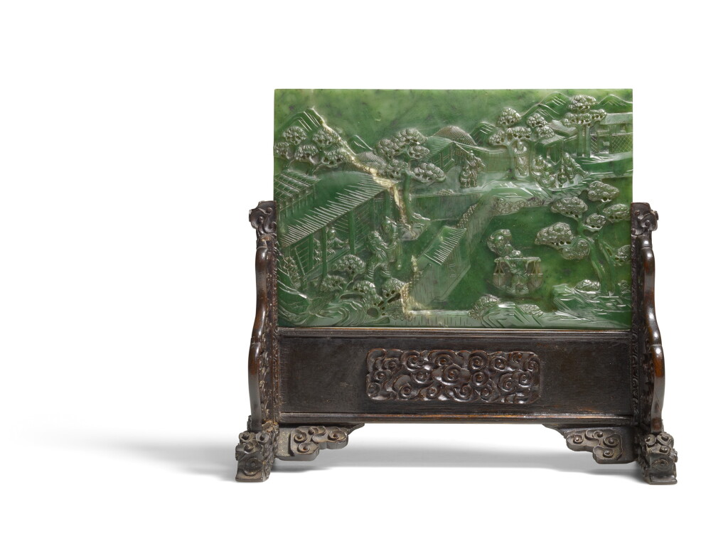 View full screen - View 1 of Lot 67. A spinach-green jade 'tilling and weaving' screen, Qing dynasty, 18th / 19th century.
