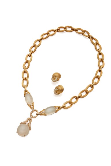 View full screen - View 1 of Lot 91. GOLD, MOONSTONE AND DIAMOND NECKLACE AND PAIR OF EARCLIPS, HENRY DUNAY.