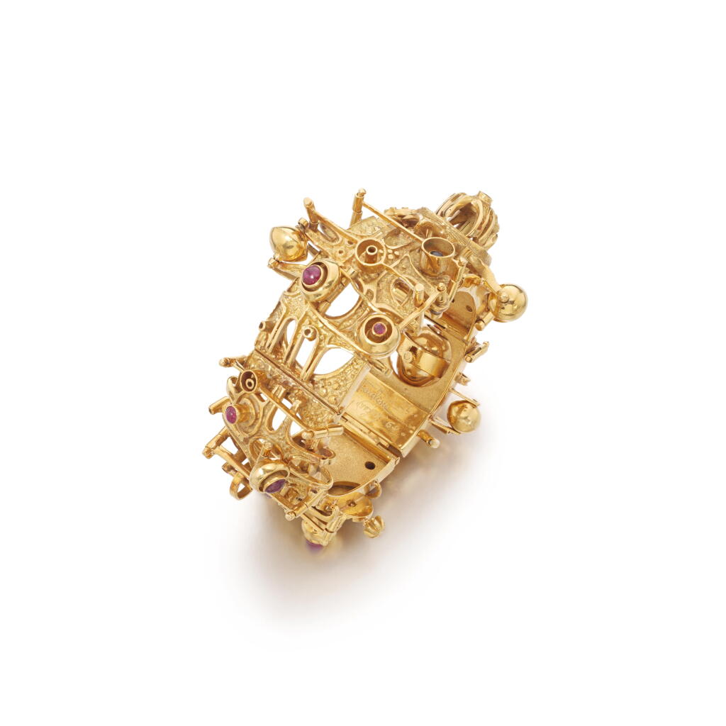 View full screen - View 1 of Lot 1166. Gold and gem set bangle, 'Meccanica Lirica', circa 1968.