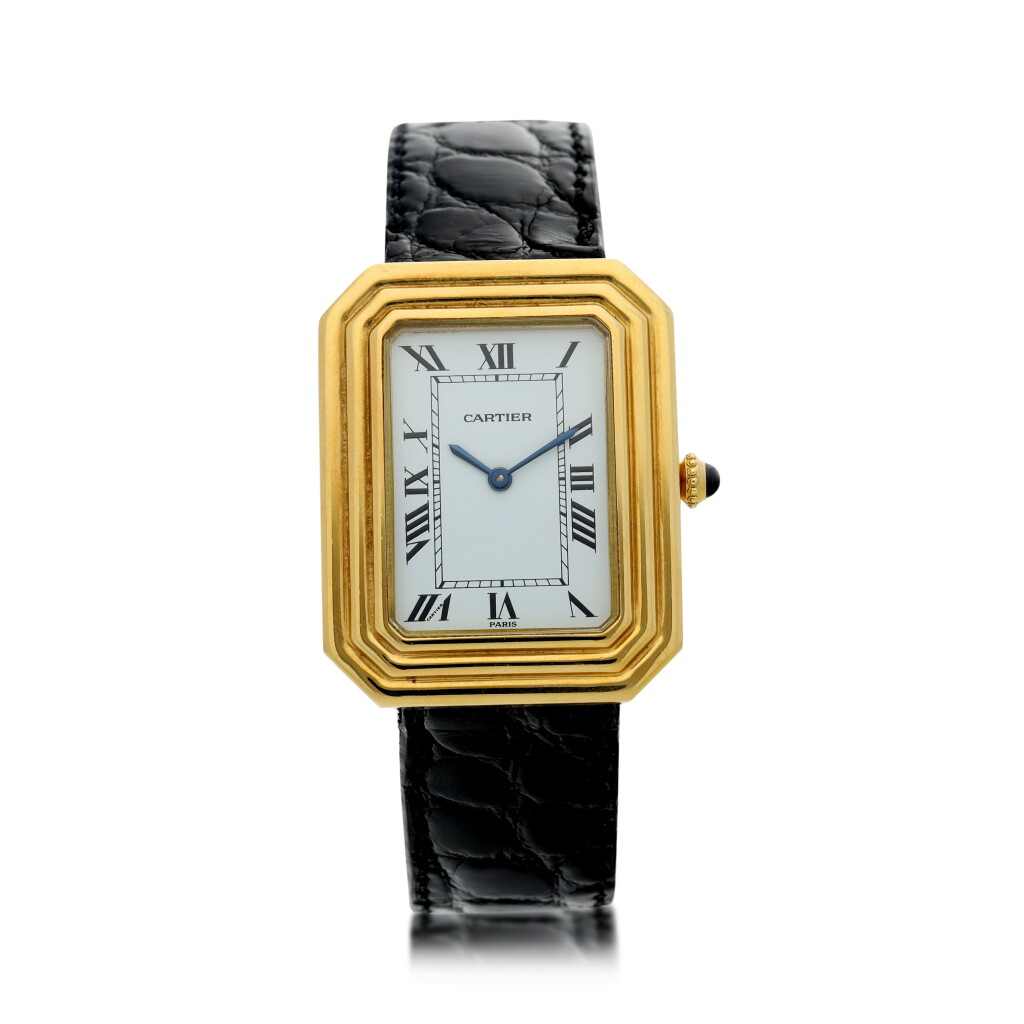 View full screen - View 1 of Lot 65. CHRISTALLOR A YELLOW GOLD RECTANGULAR WRISTWATCH WITH TRIPLE-STEP BEZEL, CIRCA 1970.