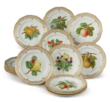 View full screen - View 1 of Lot 375. THIRTEEN ROYAL COPENHAGEN FRUIT RETICULATED DESSERT PLATES, MODERN.