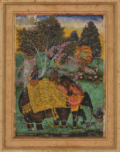 View full screen - View 1 of Lot 15. Sultan Ibrahim Adil Shah II of Bijapur riding his elephant Atash Khan, attributed to Farrukh Beg (Farrukh Husayn), India, deccan, Bijapur, circa 1600; verso with a falconer riding a composite horse, India, Mughal, early 17th century.