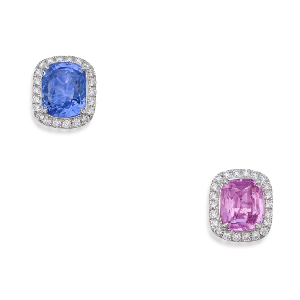 View full screen - View 1 of Lot 63. Pair of Purplish Pink Sapphire, Sapphire and Diamond Earrings.