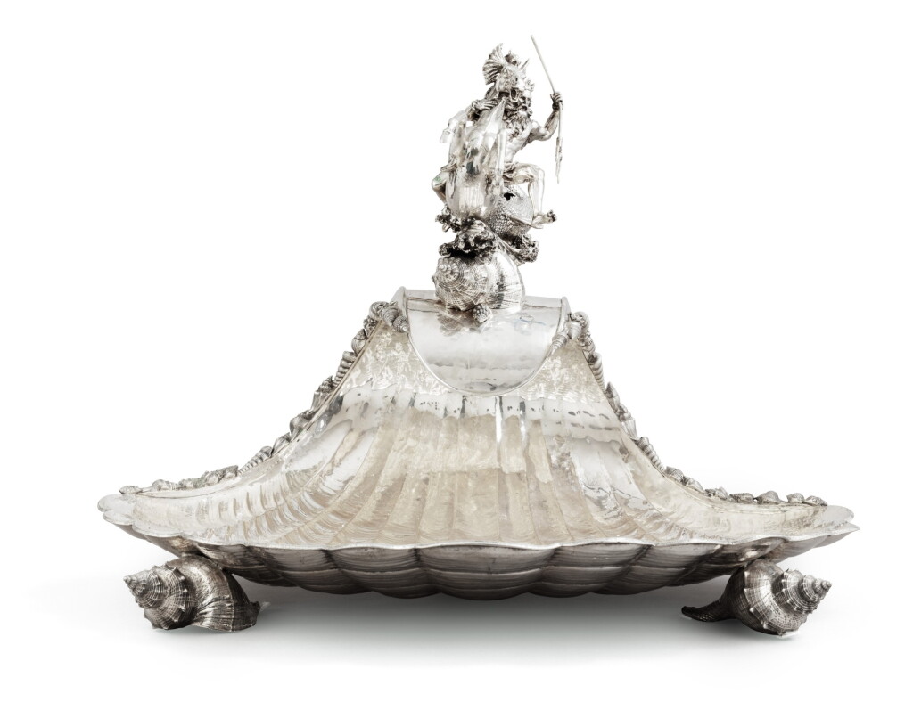View full screen - View 1 of Lot 8. A large Italian silver centre table representing Neptune on a see horse, Milan, circa 1940 | Grand centre de table en argent représentant Neptune sur un cheval marin, Milan, vers 1940.