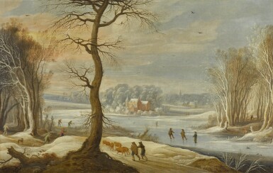 View full screen - View 1 of Lot 107. CIRCLE OF GYSBRECHT LEYTENS | A winter landscape with skaters on a frozen river, men returning from the hunt, and peasants collecting wood.