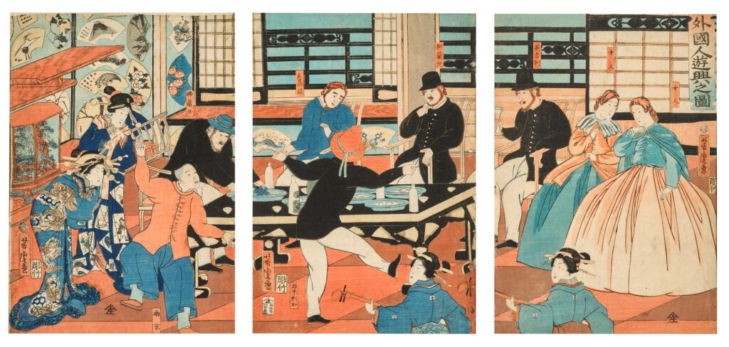 View full screen - View 1 of Lot 88. UTAGAWA YOSHITORA (ACTIVE CIRCA 1836-1887) TWO WOODBLOCK PRINT TRIPTYCHS, EDO PERIOD (19TH CENTURY).