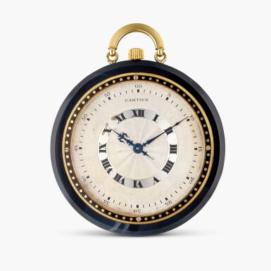 View full screen - View 1 of Lot 495. An Art Deco onyx, enamel, and yellow gold open-faced keyless watch with two-tone dial, Circa 1925.