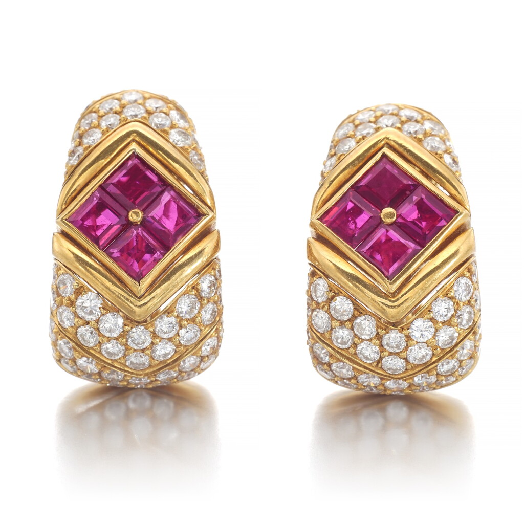 View full screen - View 1 of Lot 615. Bulgari | Pair of ruby and diamond ear clips | 寶格麗 | 紅寶石配鑽石耳環一對.